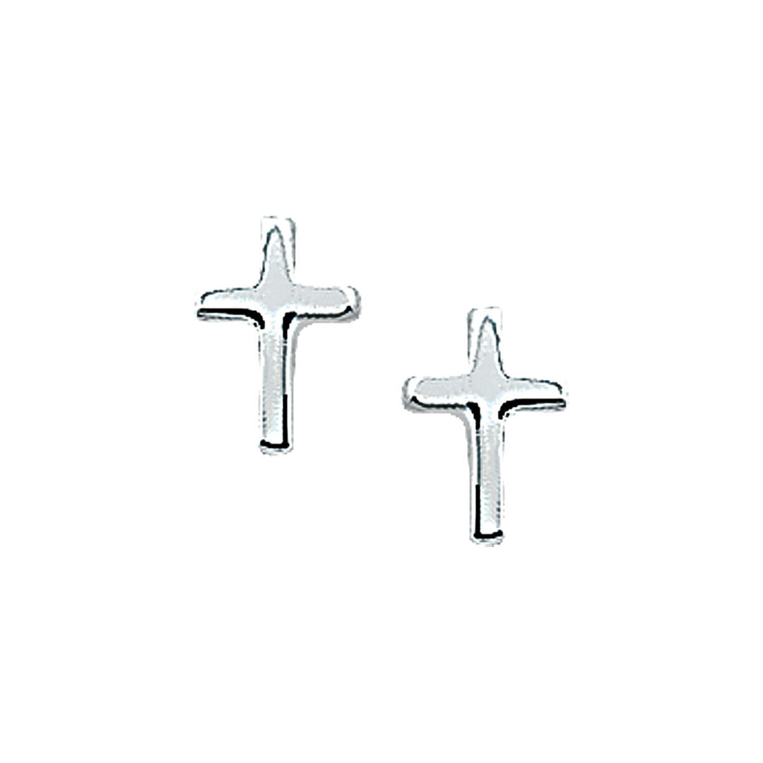 De Van der Kooij Collectie oorknoppen kruis zilver wit zijn afgebeeld op een witte achtergrond - subtiele dames sieraden met een religieus thema.