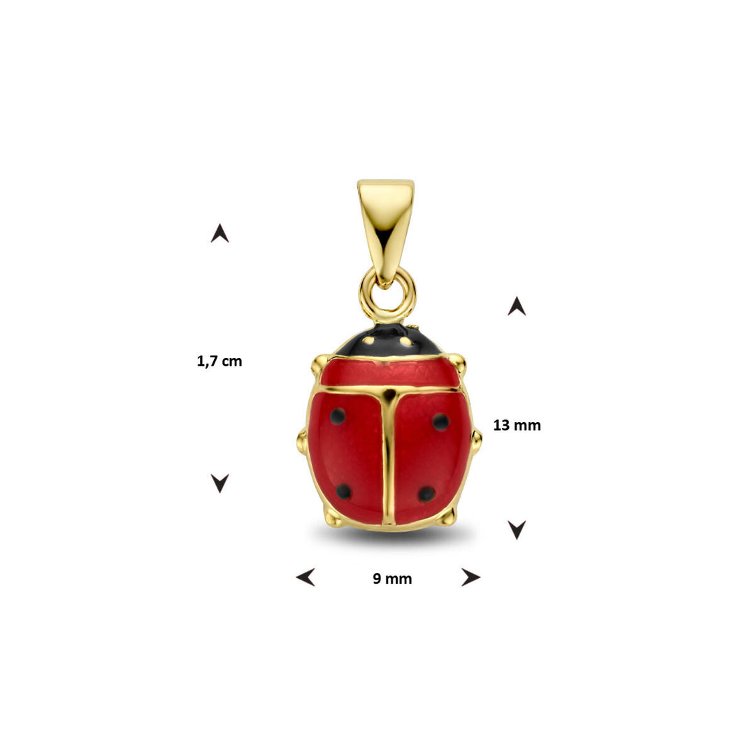 Het Van der Kooij Collectie hanger lieveheersbeestje 14K geelgoud is goud en rood met zwarte stippen, meet 13 mm x 9 mm (1,7 cm incl. borg), en is ideaal als kinder sieraad. Afgebeeld op een witte achtergrond met meetpijlen en labels.