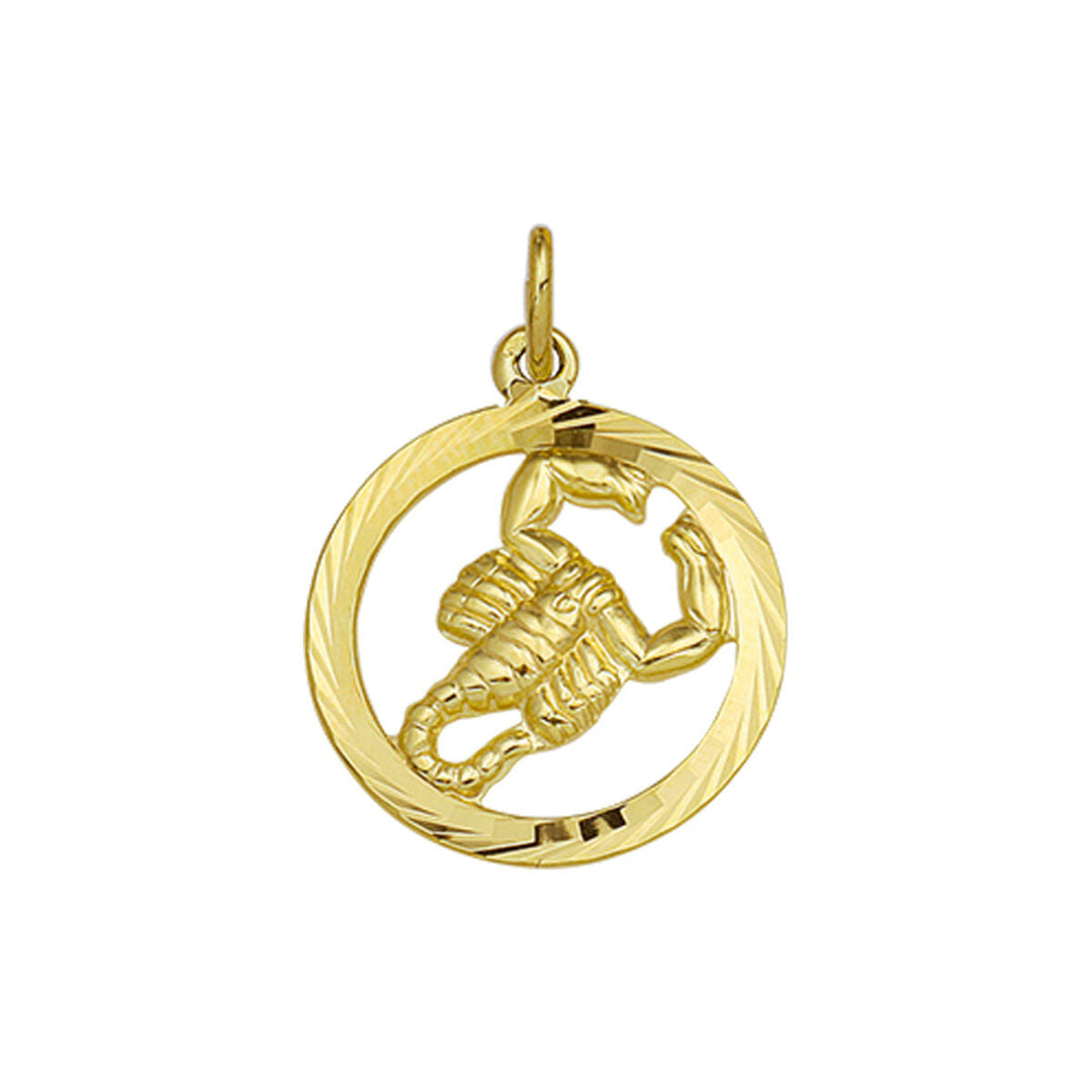 Van der Kooij Collectie hanger sterrenbeeld gediamanteerd 14K geelgoud met een fijne schorpioen in een getextureerde cirkel, voorzien van lusje voor aan ketting. Ideaal voor liefhebbers van het Schorpioen horoscoop teken.