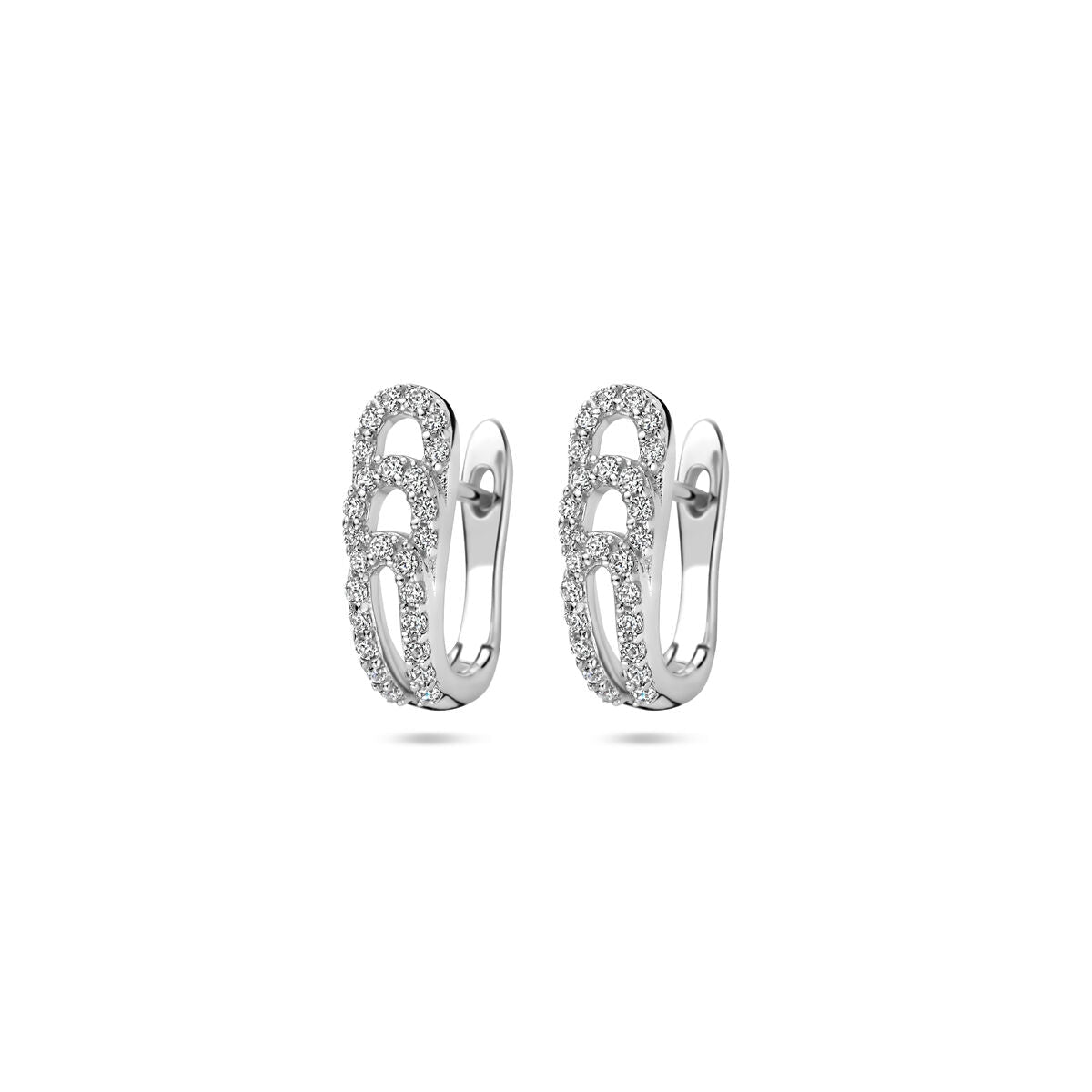 Klapp-Ohrringe aus rhodiniertem Silber mit Zirkonia, 14 mm, in geschwungener Form