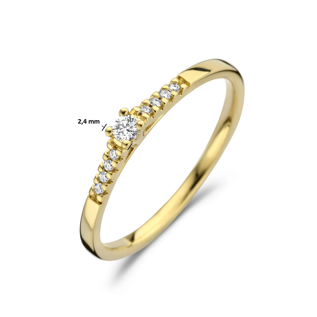 De Van der Kooij Collectie ring diamant 0.07ct h si in 14K geelgoud heeft een rij diamanten langs de band en wordt getoond op een witte achtergrond.