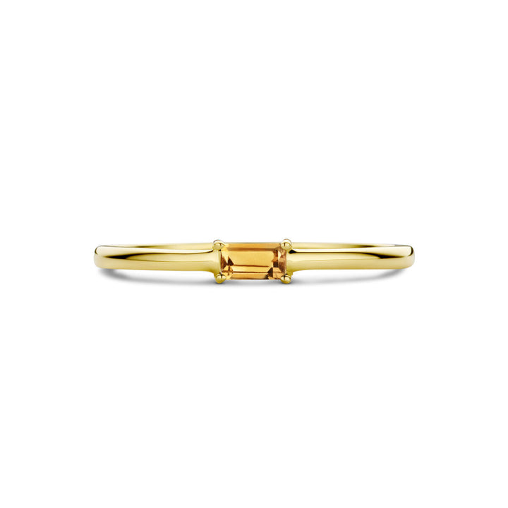 De Van der Kooij Collectie ring met geboortesteen citrien november is een minimalistische 14K geelgouden damesring, voorzien van een klein rechthoekig baguette citrien edelsteen in het midden.