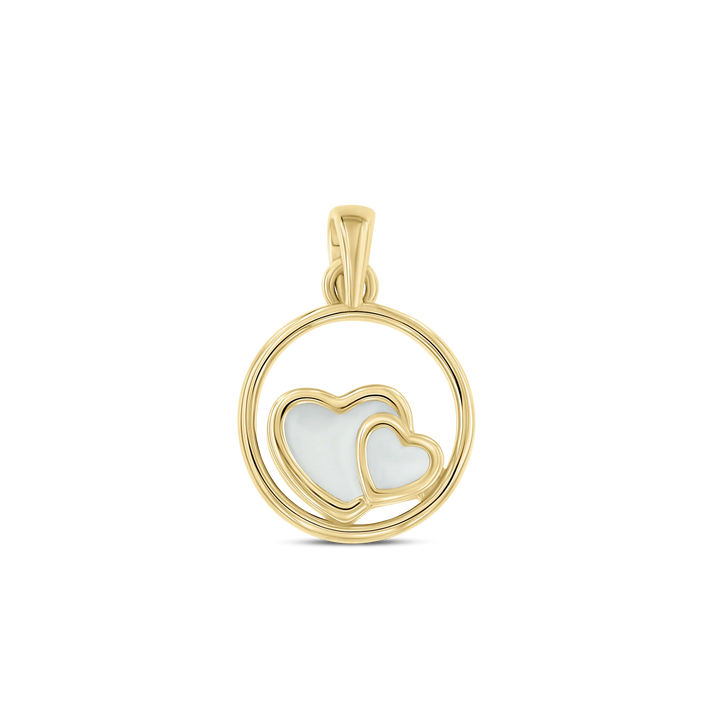 Het Amélie AsHanger massief van Juwelier van der Kooij heeft twee overlappende witte harten in een rond gouden frame, waardoor het een perfect assieraad is, hier afgebeeld op een effen witte achtergrond.