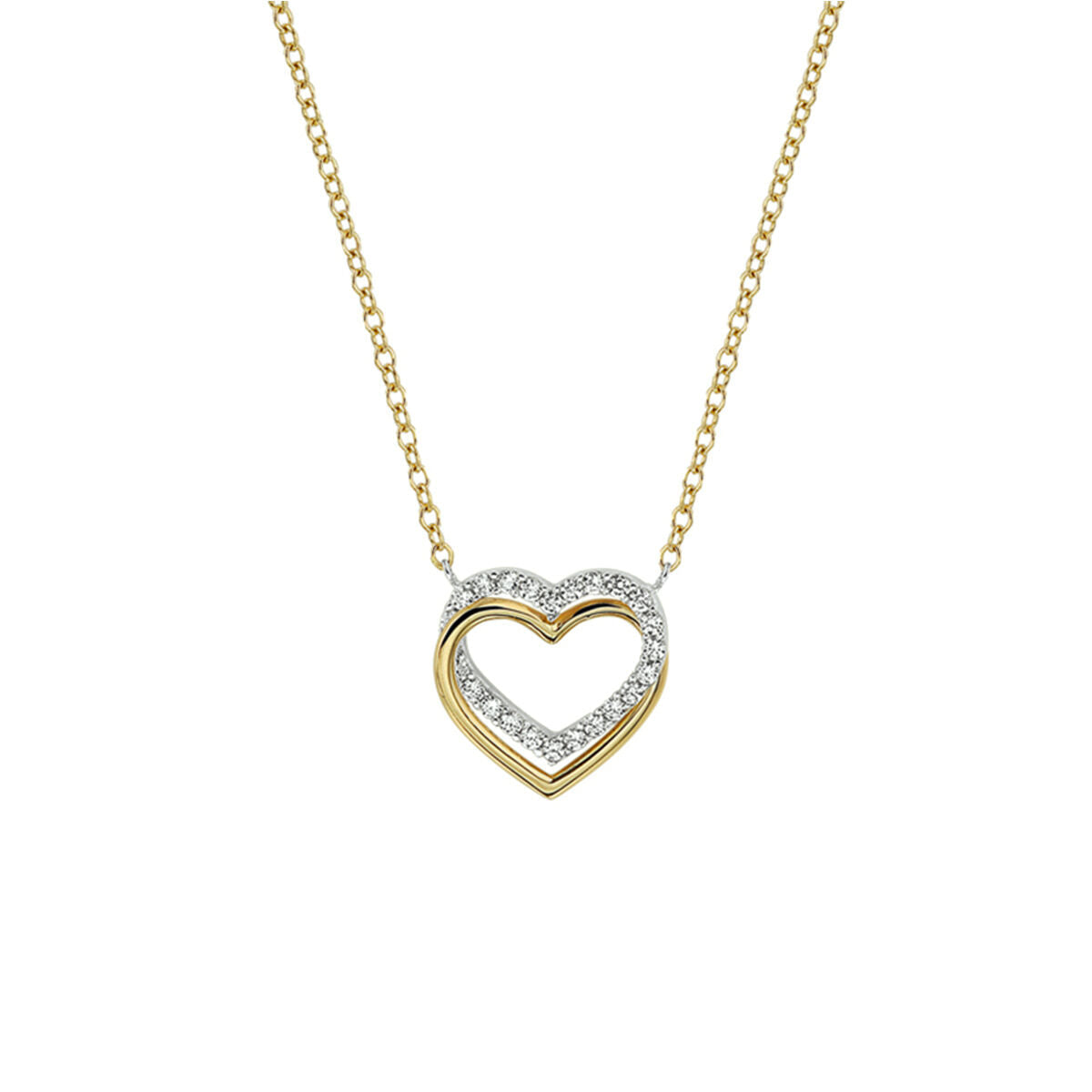 Collier mit herzförmigem Anhänger aus 14K bicolor Gold in Gelb und Weiß, besetzt mit Zirkonia.