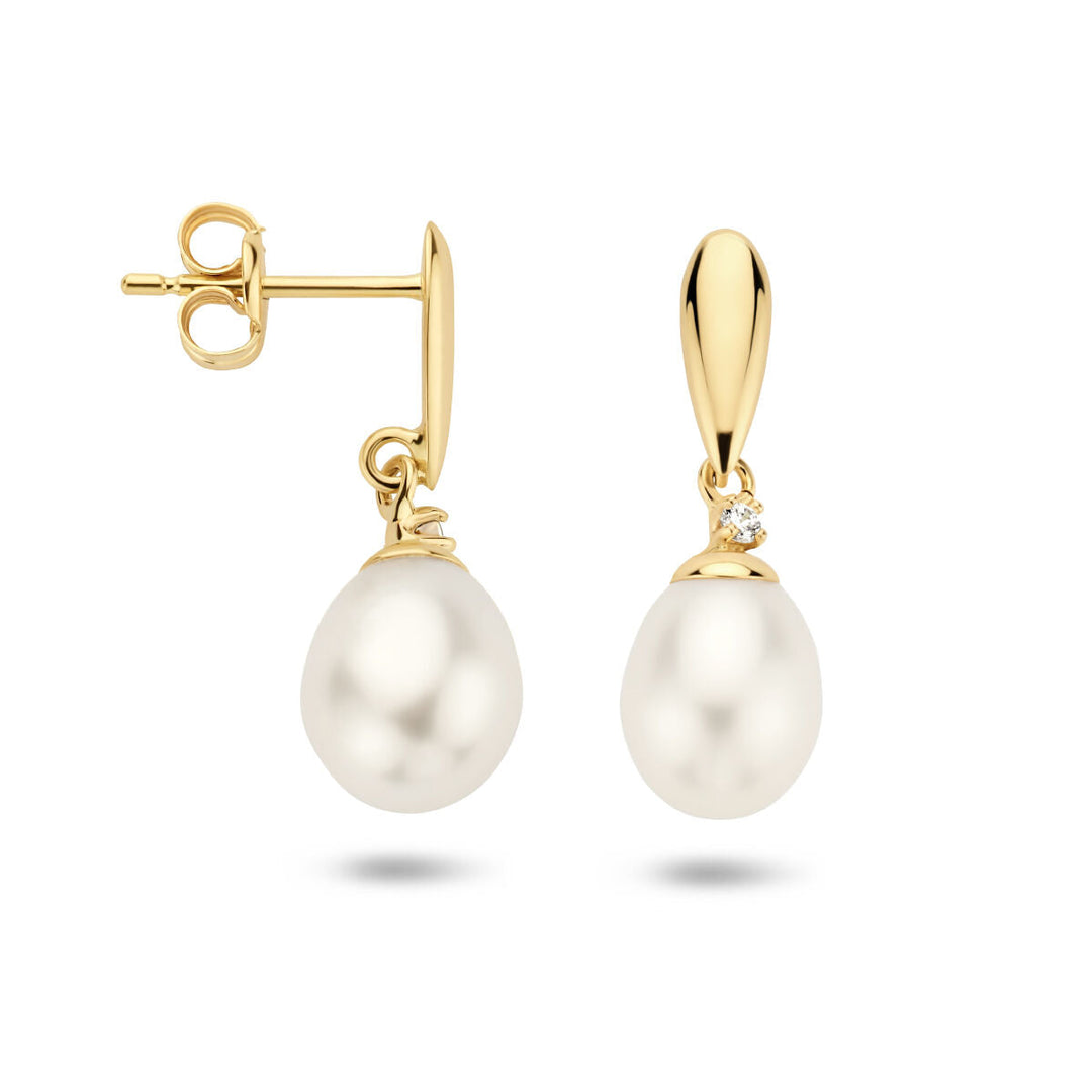 Ohrringe Perle und Zirkonia 14K Gelbgold
