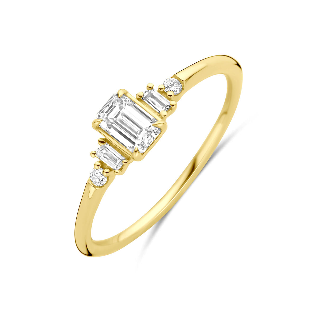 Ring aus 14K Gelbgold mit einem zentralen lab-grown Diamanten von 0,40 ct und zwei kleinen Diamanten