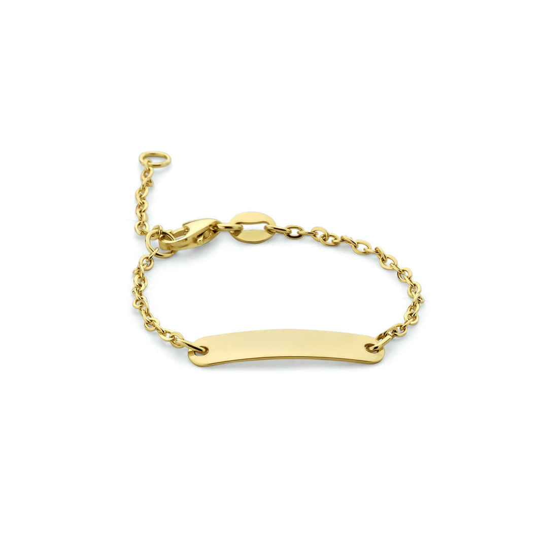 De Van der Kooij Collectie Baby armband plaat 4,0 mm 9K is een gouden kinderarmband met blanco rechthoekig naamplaatje, schakelketting en verstelbare sluiting - perfect als geboorte geschenk.