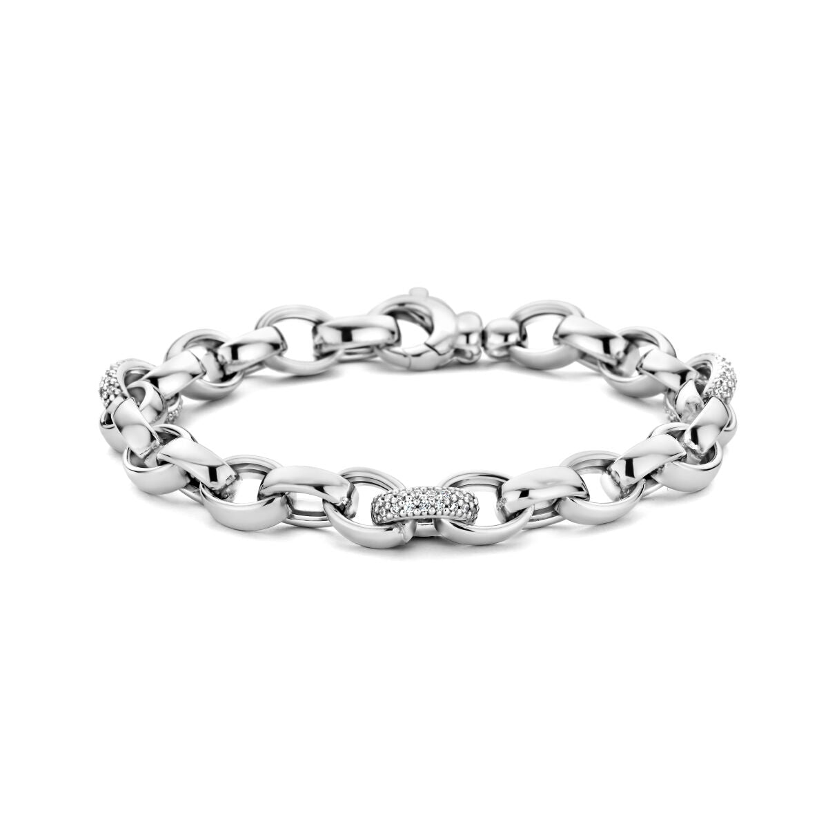Silbernes Damenarmband aus ovalen Gliedern mit Zirkonia, rhodiniert
