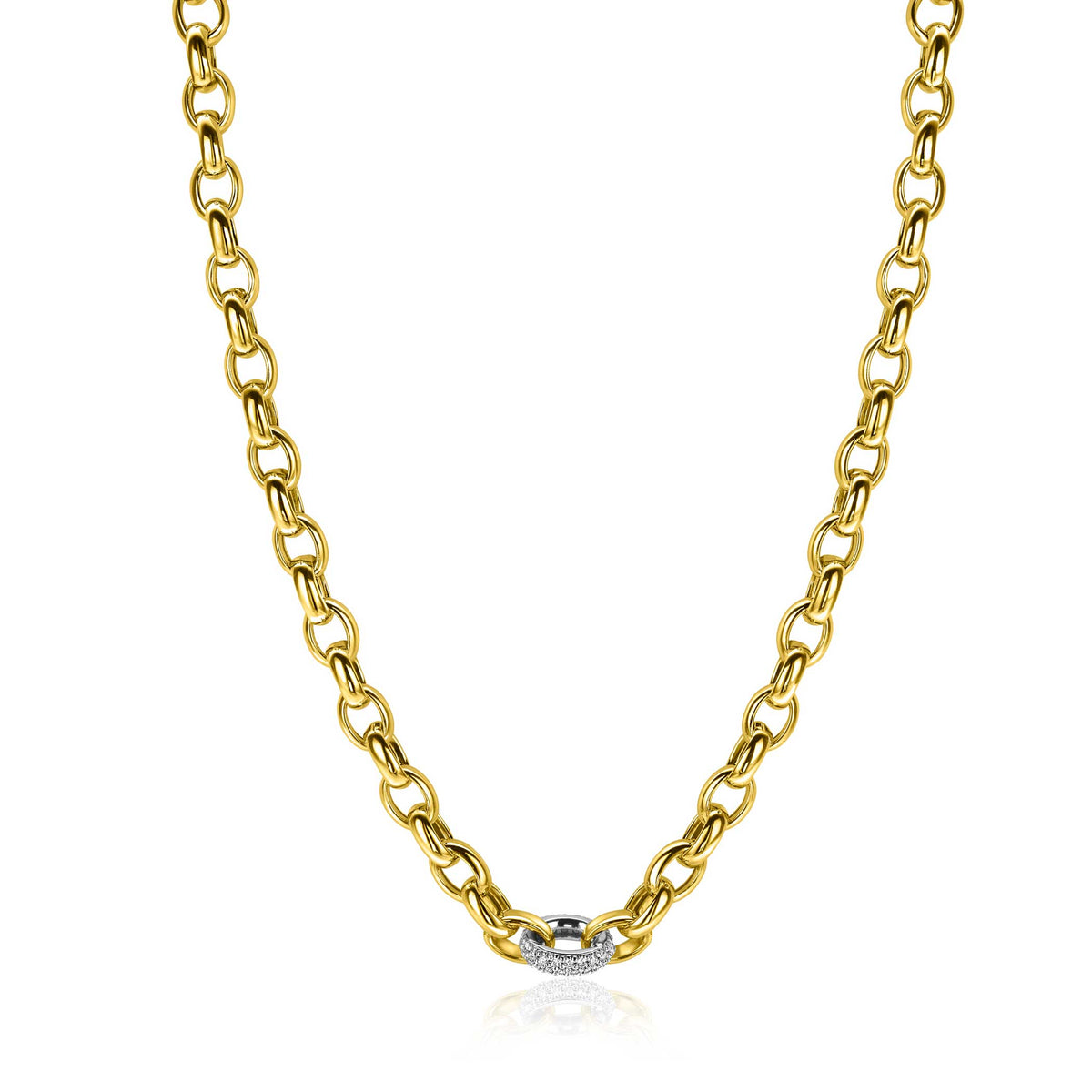 Kette aus goldfarbenem Metall mit einem kleinen, funkelnden Edelstein in der Mitte