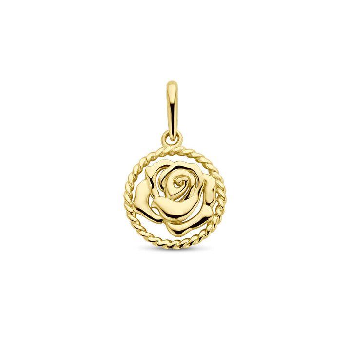 De hanger met geboortebloem 14K geelgoud uit de Van der Kooij Collectie heeft een gedetailleerd rozenontwerp in een gedraaide cirkelrand en is ideaal als luxe sieraad voor aan een ketting.