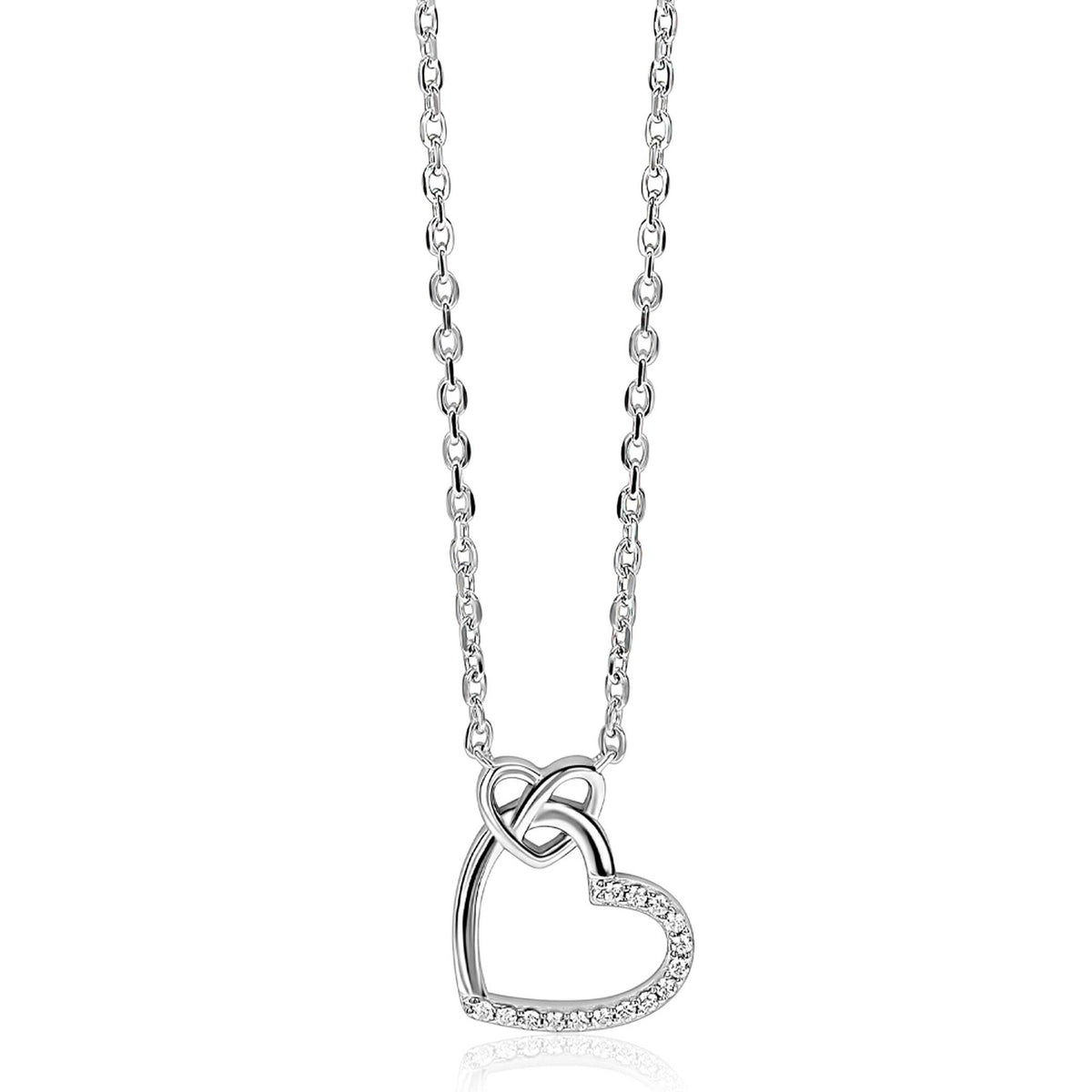 Silberne Kette mit zwei eleganten Herzen, eines mit Zirkonia-Steinen, das andere schlicht.