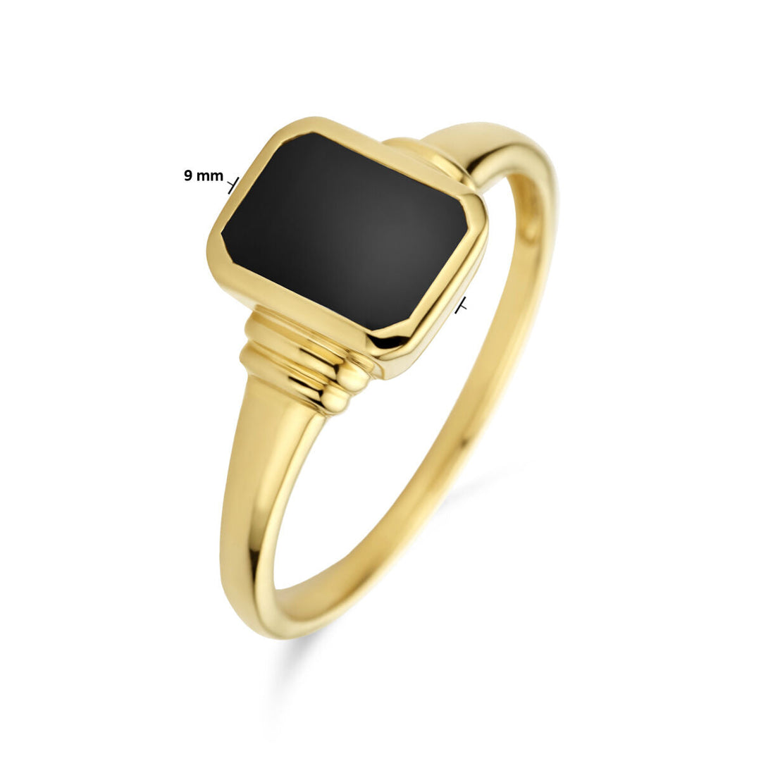 De ring onyx 14K geelgoud van Van der Kooij Collectie toont een verticaal gezette rechthoekige zwarte onyx in een gepolijste 14k geelgouden band met decoratieve accenten bij de zetting.