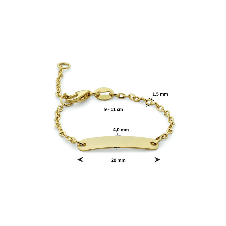 De Van der Kooij Collectie Baby armband plaat 4,0 mm 9K heeft een gouden ketting met een blanco rechthoekig naamplaatje (20 x 4 mm), 1,5 mm dikke ketting, verstelbaar van 9-11 cm-ideaal als geboorte geschenk.