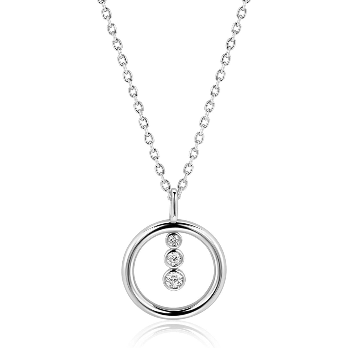 Silberne Kette 45 cm mit runder Anhänger (18 mm) und drei kleinen Edelsteinen