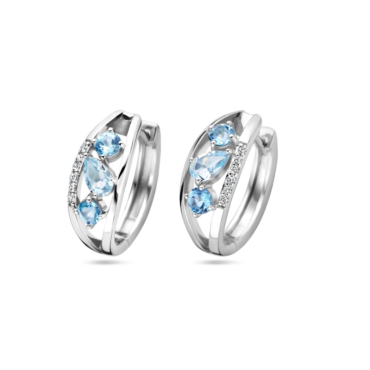 Klapp-Ohrringe aus rhodiniertem Silber mit blauen Topasen und Zirkonia-Steinen