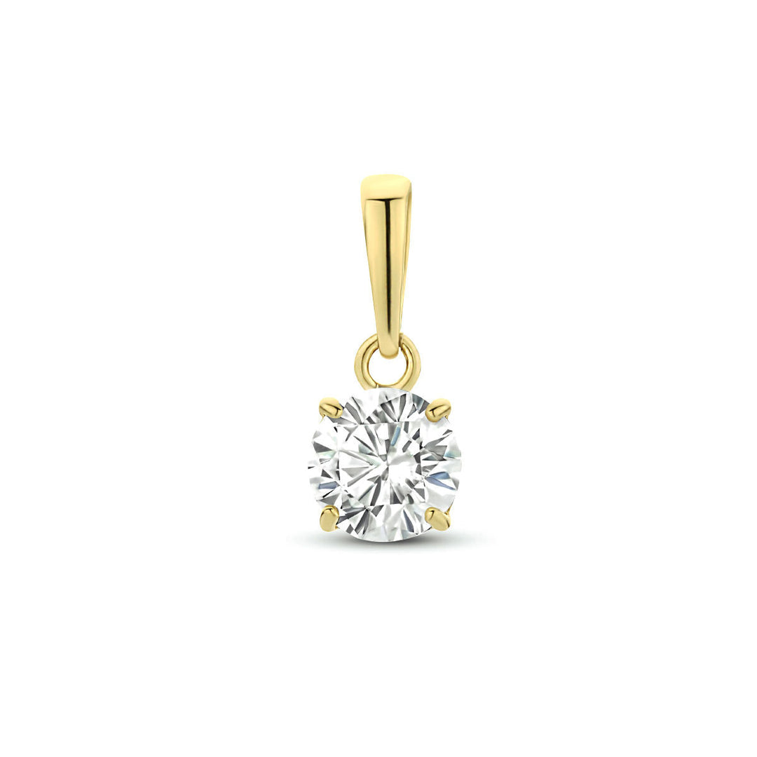 De hanger zirkonia 14K geelgoud van Van der Kooij Collectie is een dameshanger met een ronde zirkonia in een vierpoots zetting, fraai gepresenteerd tegen een witte achtergrond.
