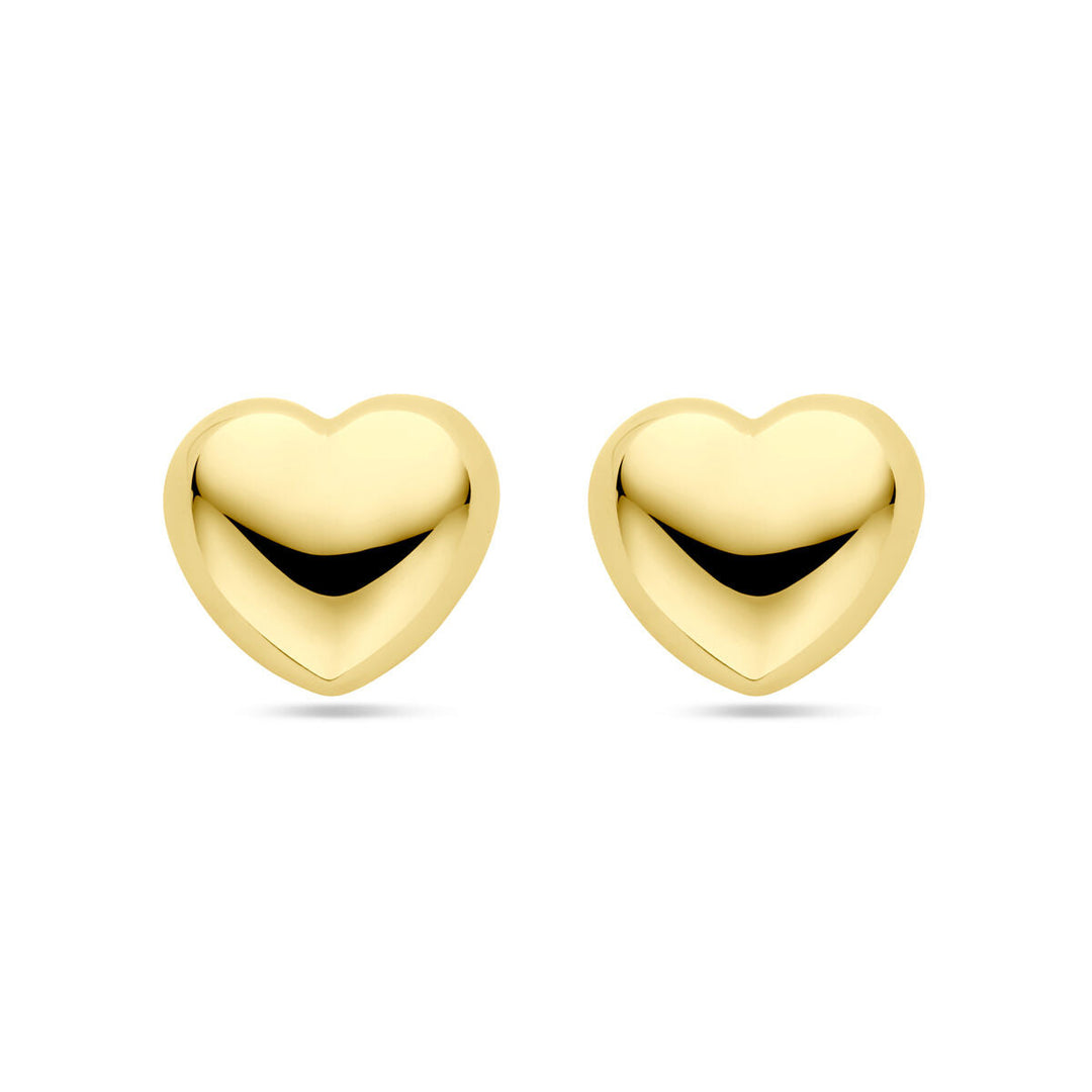 Een paar oorknoppen hartje 1 micron zilver verguld (geel) van Van der Kooij Collectie op een effen witte achtergrond - perfect als Valentijn cadeau.