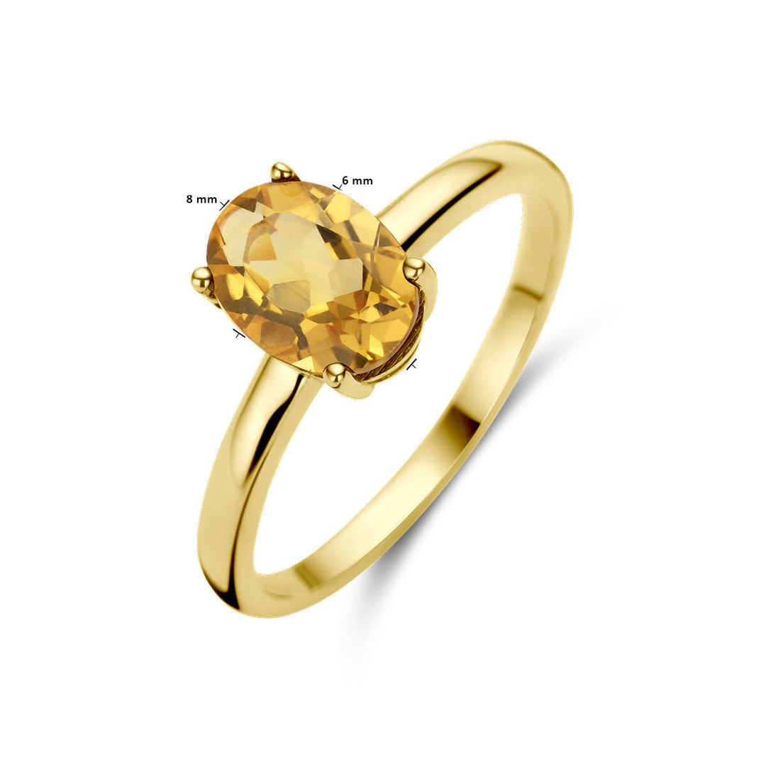 De Van der Kooij Collectie ring citrien 14K geelgoud is een damesring met een ovaal geslepen citrien (8x6 mm) gezet met vier tanden tegen een witte achtergrond.