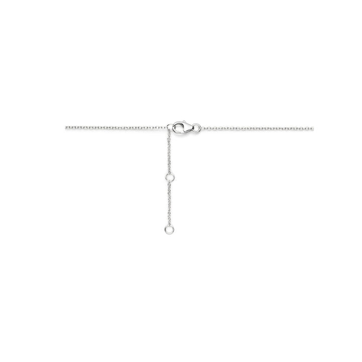 De Van der Kooij Collectie collier druppel 41 - 43 - 45 cm zilver gerhodineerd is een moderne zilveren ketting met een karabijnsluiting en drie verstelbare ringen, stijlvol gepresenteerd op een witte achtergrond.
