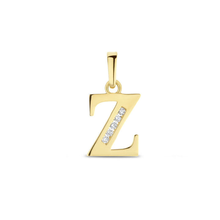 De hanger letter zirkonia 14K geelgoud uit de Van der Kooij Collectie is vormgegeven als een Z, met een diagonale rij sprankelende zirkonia's voor een elegante uitstraling.