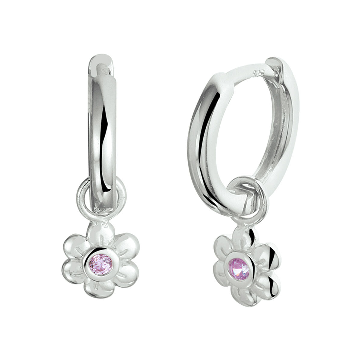 Klapp-Ohrringe aus rhodiniertem Silber mit rosa Zirkonia und Blumenmotiv