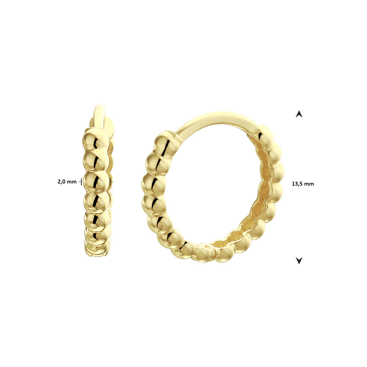 Twee aanzichten van Van der Kooij Collectie klapoorringen bolletjes 14K geelgoud, met een kralenontwerp. Afgebeeld vanaf de zijkant en de voorkant; afmetingen: 2,0 mm breed, 13,5 mm diameter-ideale gouden oorbellen voor dagelijks gebruik.