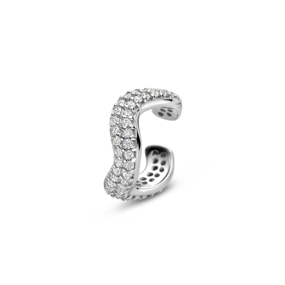 Silberner Ear Cuff mit pavé Zirkonia, 925 rhodiniert, geschwungene Form und glänzende Oberfläche