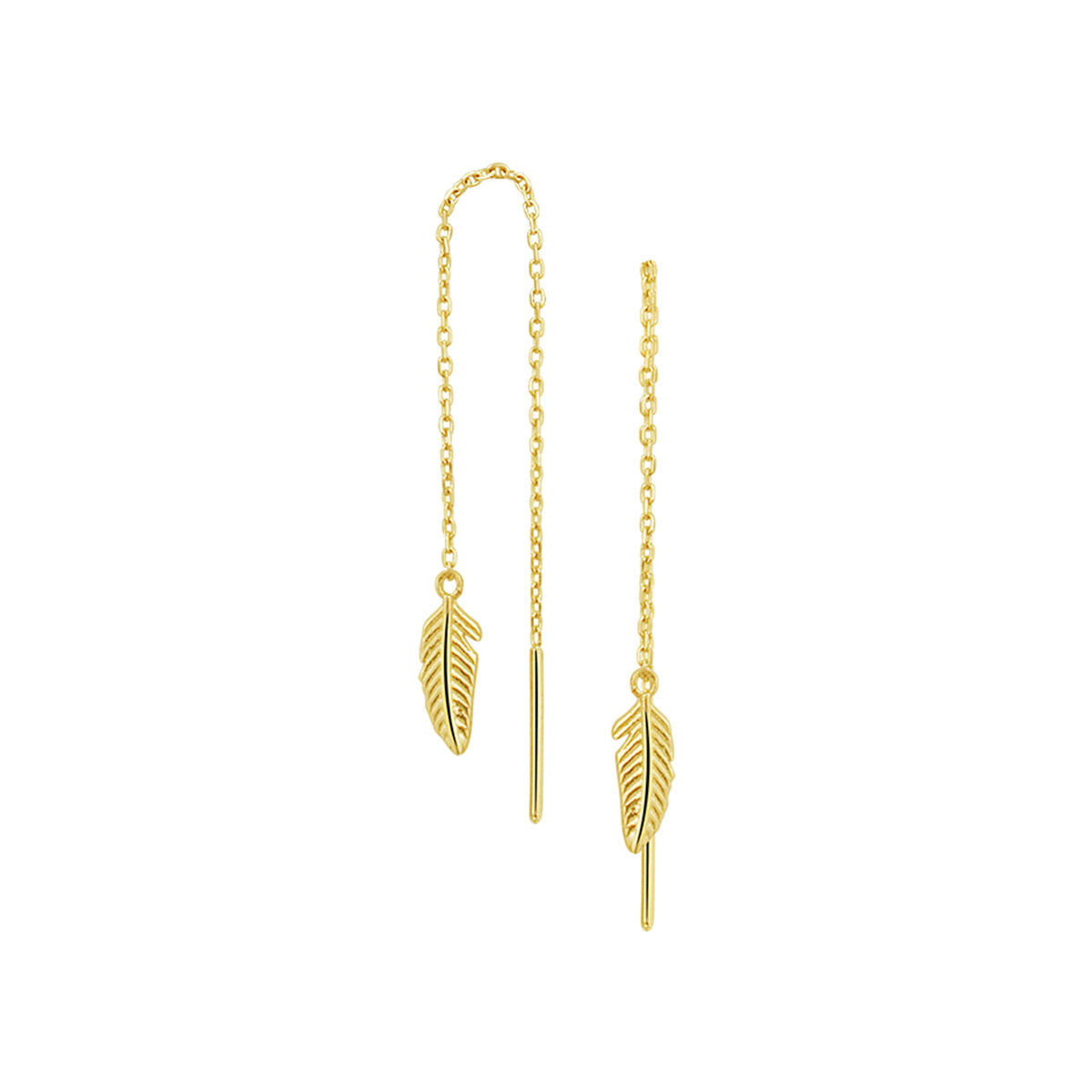 Doortrekohringe aus 14K Gelbgold mit filigranen Federanhängern und zarten Ketten.