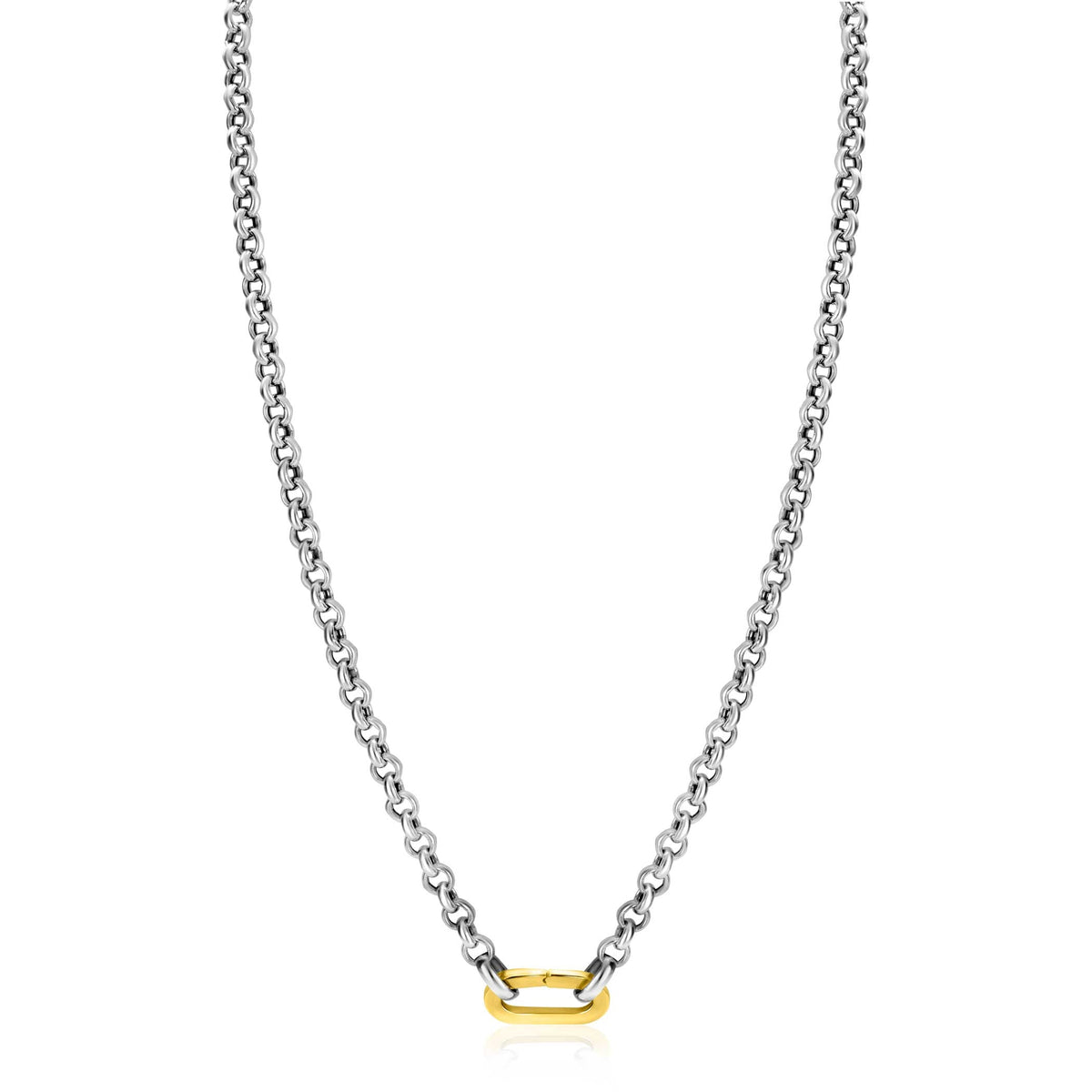 Kette aus Silber mit einem goldenen, rechteckigen Anhänger in der Mitte