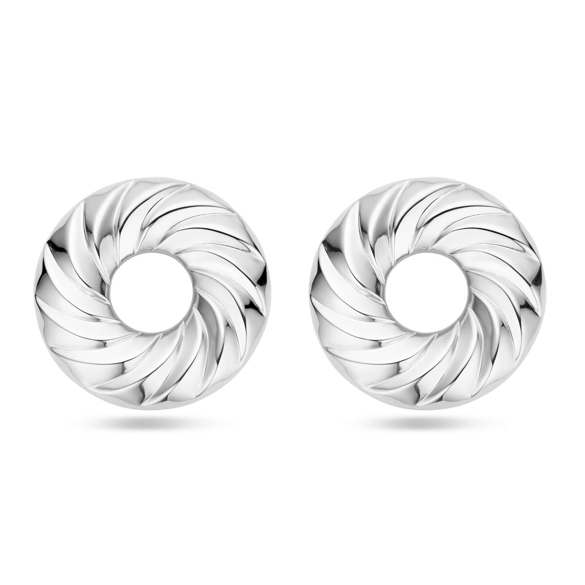Runde, gedrehte Ohrstecker aus rhodiniertem Silber mit einem Durchmesser von 32 mm
