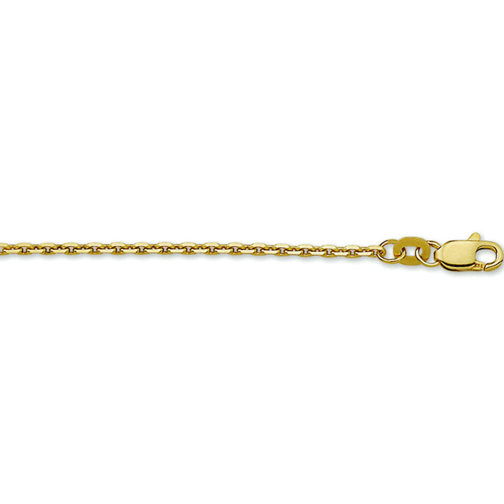 Een close-up van het Van der Kooij Collectie collier anker gediamanteerd 1,6 mm in 14 karaat geelgoud met een karabijnsluiting, afgebeeld op een witte achtergrond. Dit unisex sieraad voegt tijdloze elegantie toe aan elke outfit.