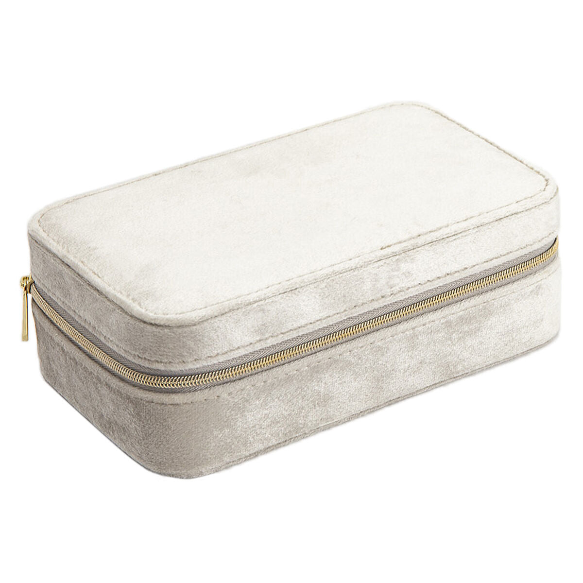 Schmuckbox in Creme mit goldfarbenem Reißverschluss und weicher Oberflächenstruktur