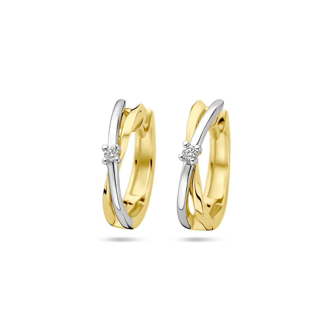 Klapp-Ohrringe aus 14K bicolor Gold mit einem weißen und einem gelben Glied sowie einem Diamanten von 0,03 ct