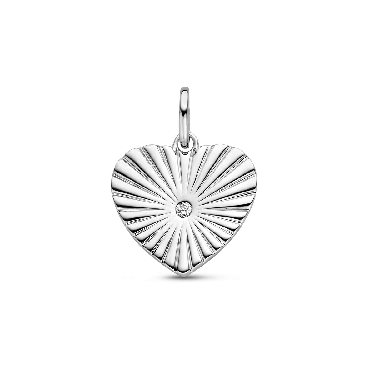 Hänger in Herzform aus rhodiniertem Silber mit einem kleinen Diamanten und radialem Muster