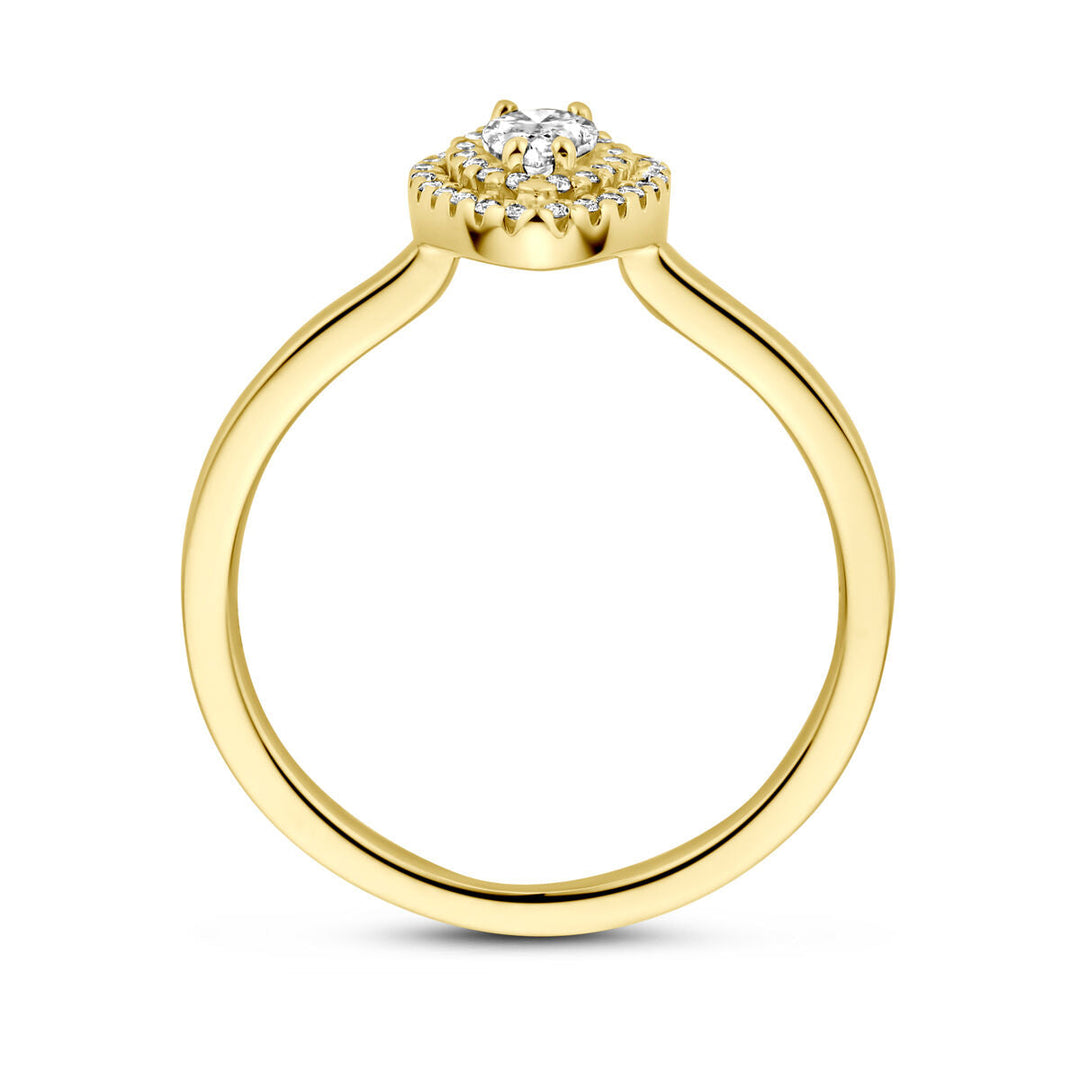 Een 14K geelgouden "ring diamant 0.36ct H SI" van Van der Kooij Collectie, met een ronde cluster kleine diamanten in aanvullende zetting, zichtbaar vanaf de zijkant—een tijdloos ontwerp.