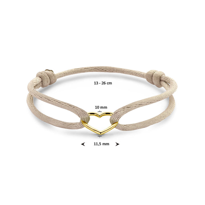 Van der Kooij Collectie armband satijn beige hart (13-26 cm) met een 14K gouden hartbedel, vervaardigd uit rubber, nylon en leer; ideaal als valentijnscadeau.