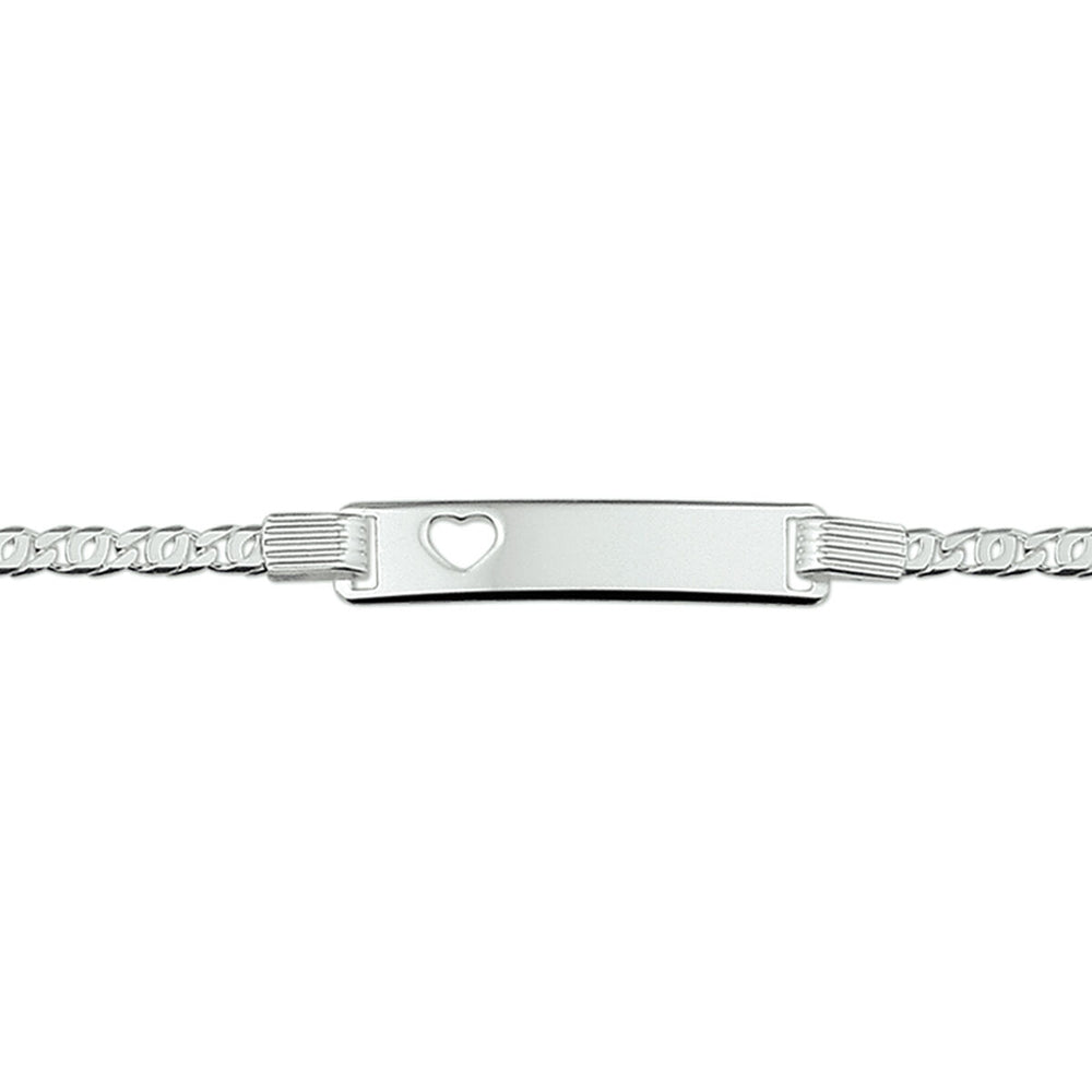 De "graveerarmband hart plaat 6,0 mm zilver wit" van de Van der Kooij Collectie is een elegante zilveren armband met een platte rechthoekige plaat met een uitgesneden hart. Het heeft een delicate ketting en karabijnslot voor een veilige stijl.