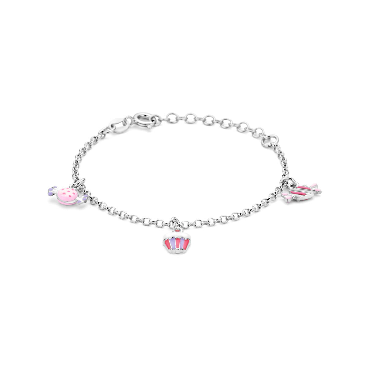 Armband aus rhodiniertem 925 Silber mit bunten Akzenten und Anhängern in Form von Tasse, Schuh und Krone