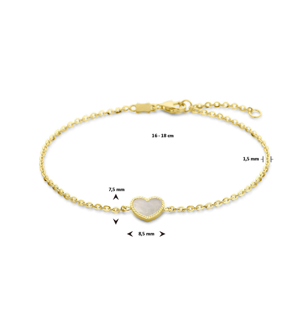 De Van der Kooij Collectie Gouden armband dames hart parelmoer 14K heeft een gouden ketting (16-18 cm) met een hartvormige parelmoer bedel (7,5x8,5 mm), 1,5 mm dik, karabijnsluiting en verlengstuk-perfect als Valentijn cadeau.