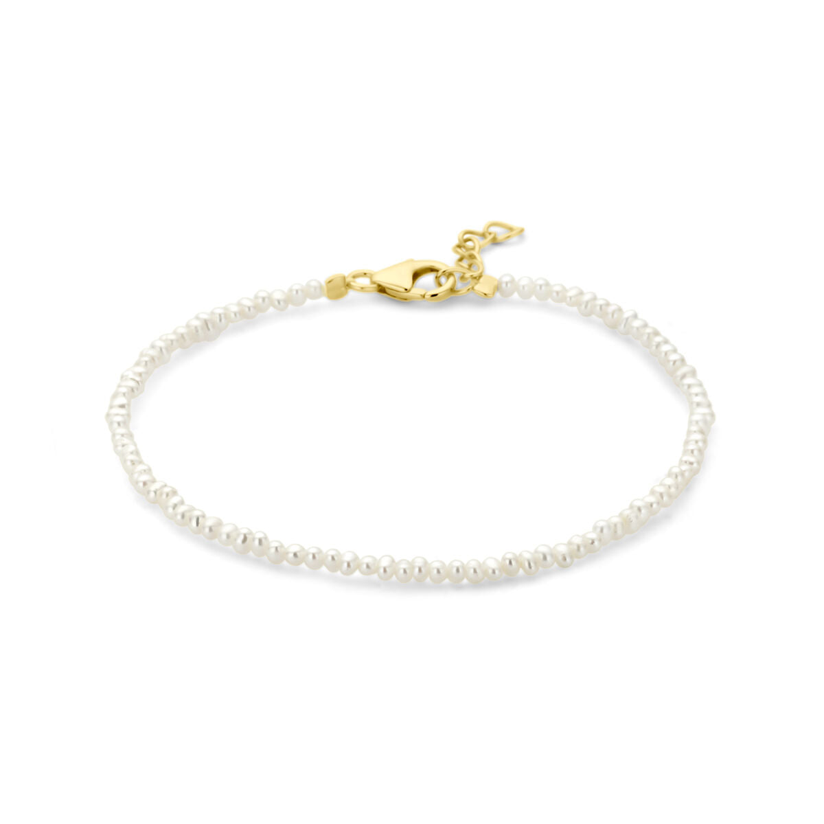 Armband mit weißen Perlen und vergoldetem Karabiner aus 3 Mikron Gelbgold, Länge 16,5 + 2 cm