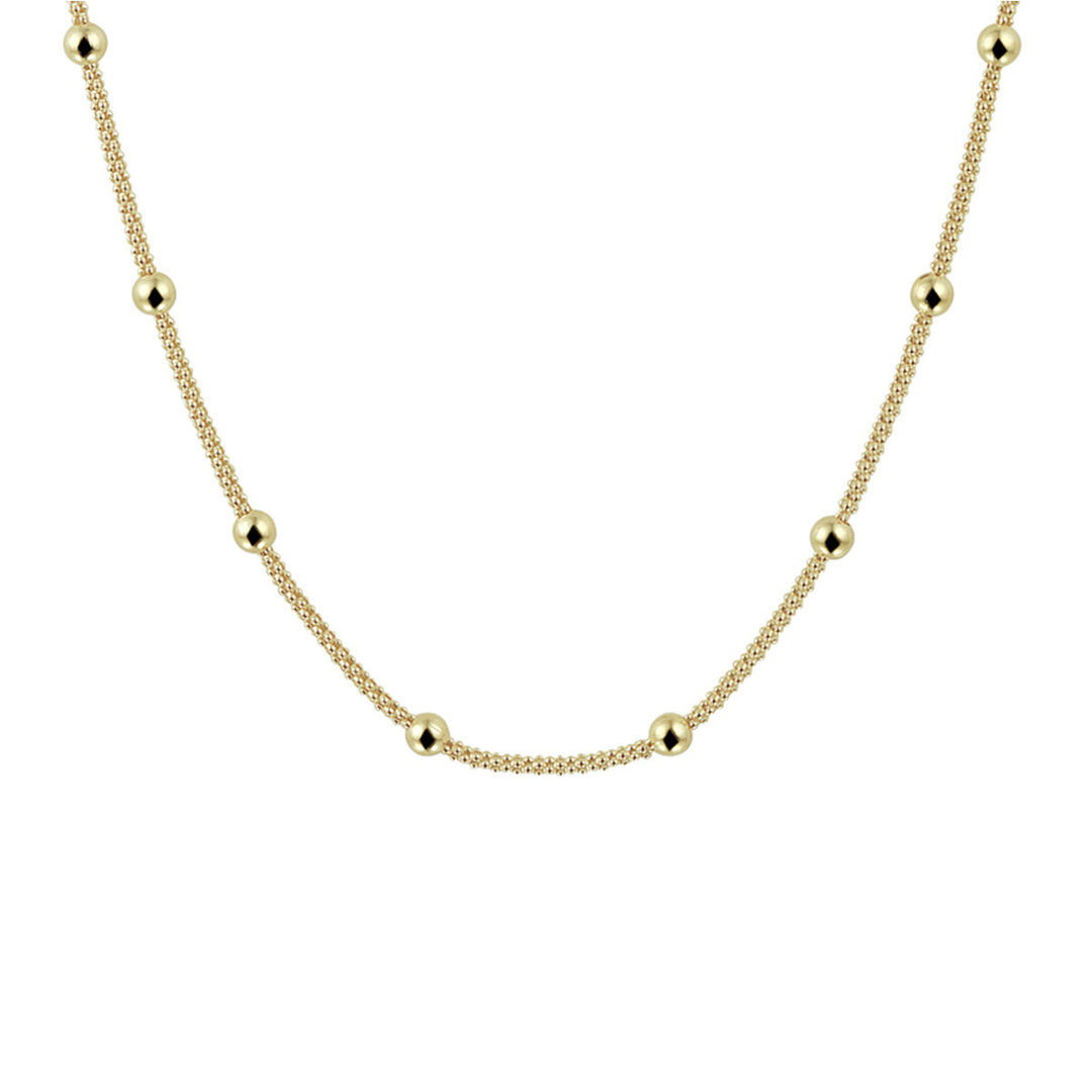 Het collier bolletjes 3,0 mm 40 + 4 cm 3 micron zilver verguld (geel) van Van der Kooij Collectie is een minimalistisch sieraad met gelijkmatig verdeelde gouden kralen, getoond op een witte achtergrond.