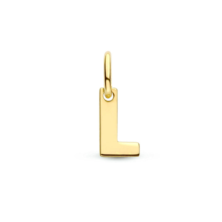 De Van der Kooij Collectie hangerletter 14K geelgoud is een hanger van geelgoud in de vorm van een hoofdletter L, voorzien van een klein lusje aan de bovenkant voor een ketting en afgebeeld op een effen witte achtergrond.