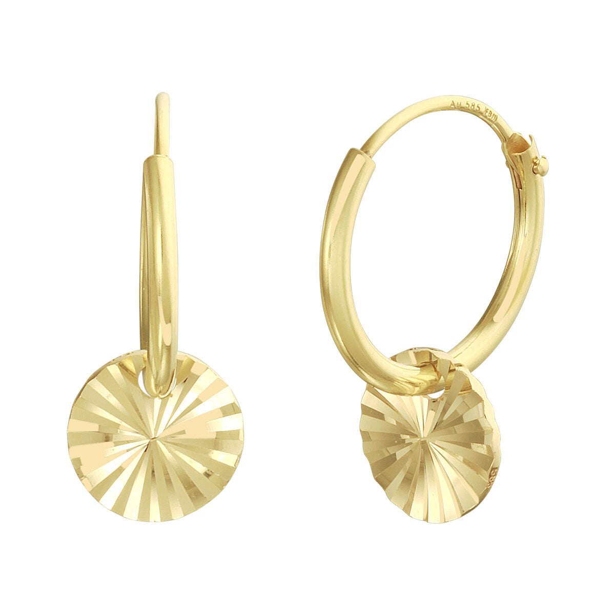 Kleine Klapp-Ohrringe aus 14K Gelbgold mit gediamantierter, runder Anhänger.