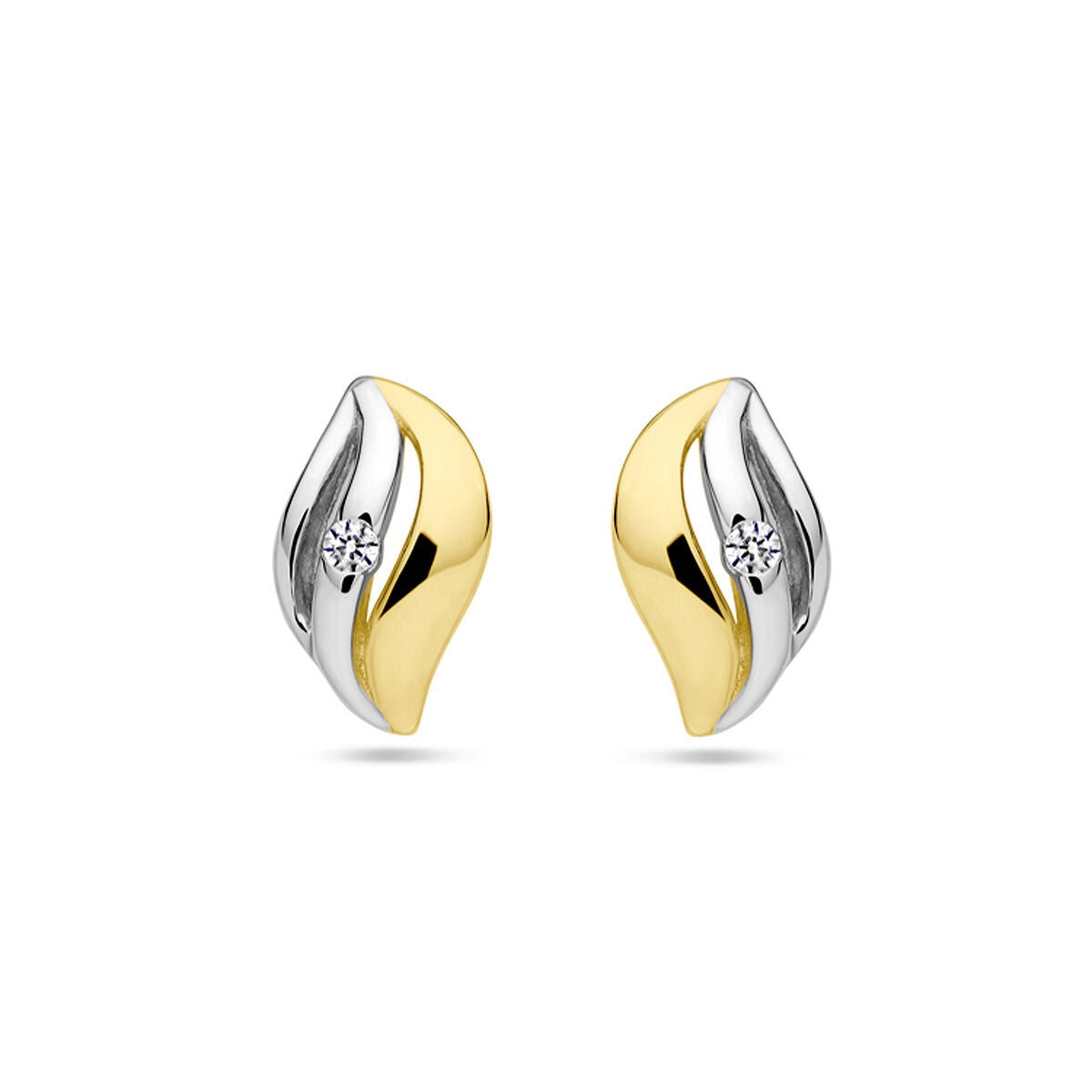 Ohrstecker aus vergoldetem Silber mit Zirkonia, in gelb und rhodiniert, blattförmiges Design