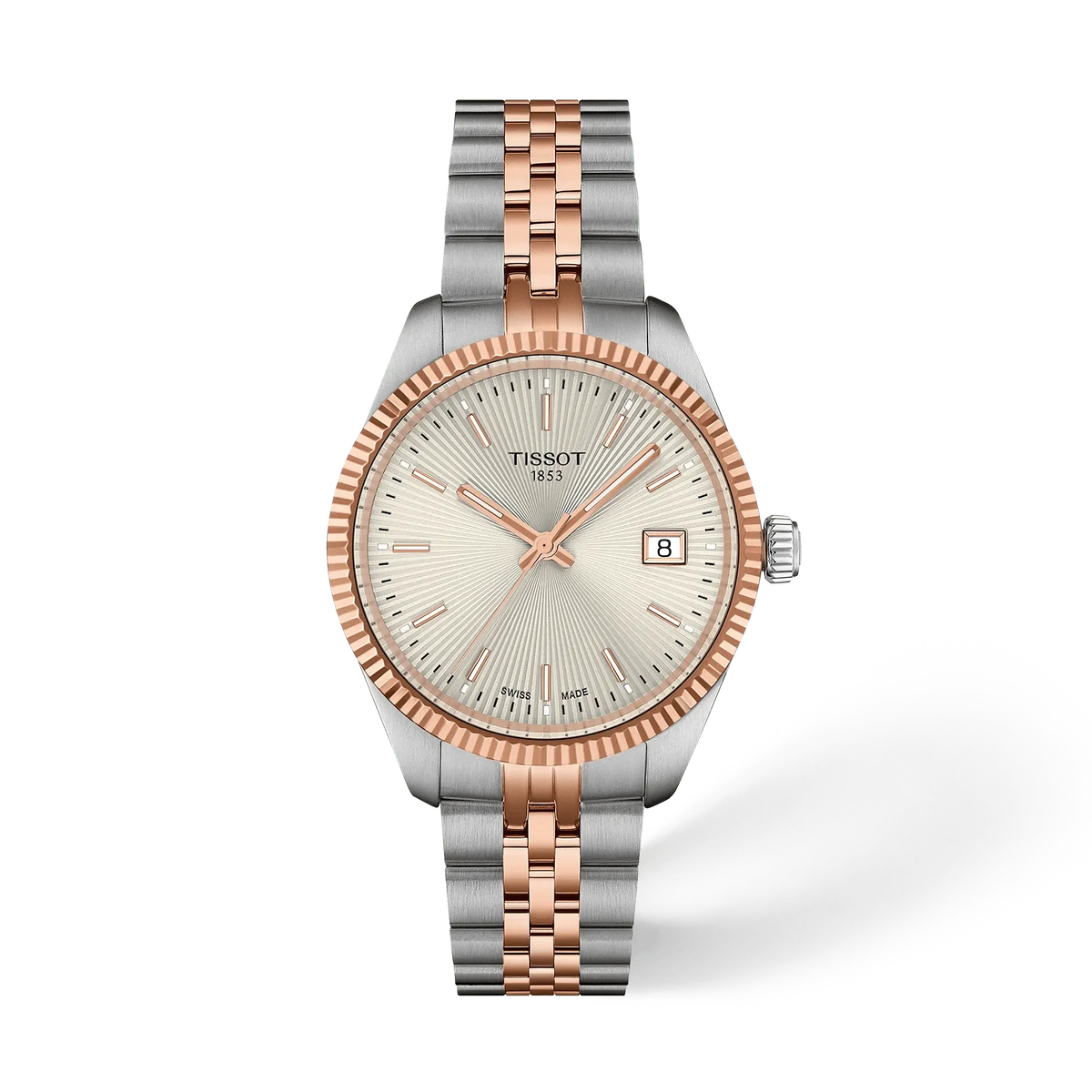 Uhr mit silbernem Zifferblatt, roségoldener Lünette und Edelstahl-Mesh-Armband