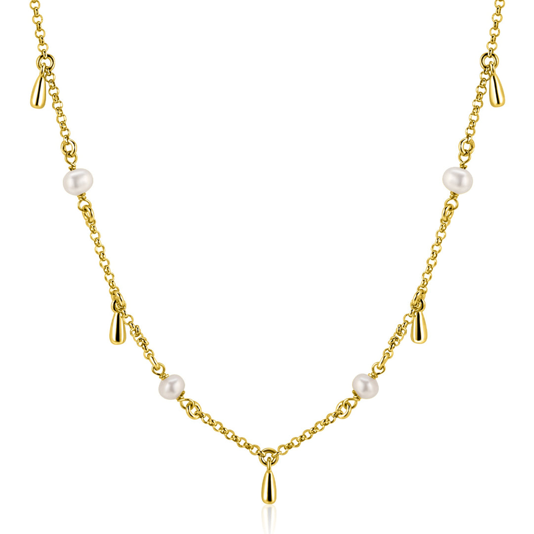Zinzi ketting ZIC2753: Gouden ketting van het merk Zinzi met gelijkmatig verdeelde zoetwaterpareltjes en kleine gouden druppelbedels, geïnspireerd op een elegante stijl.