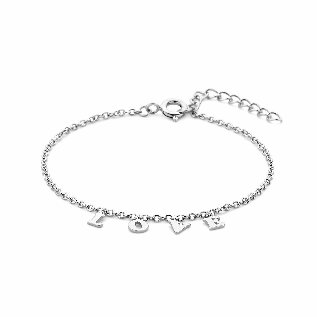 Zarte, rhodinierte Damenarmband aus Silber mit dem Schriftzug "love" in verspieltem Design