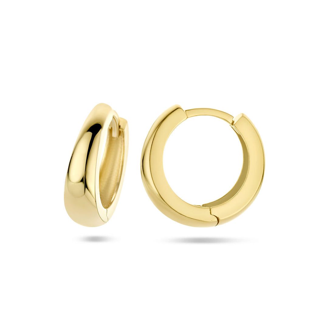 Een paar Van der Kooij Collectie klapoorringen 14K geelgoud voor dames wordt getoond tegen een witte achtergrond, waarbij de ene oorbel rechtop staat en de andere plat ligt om zowel de zijkant als de voorkant te laten zien.