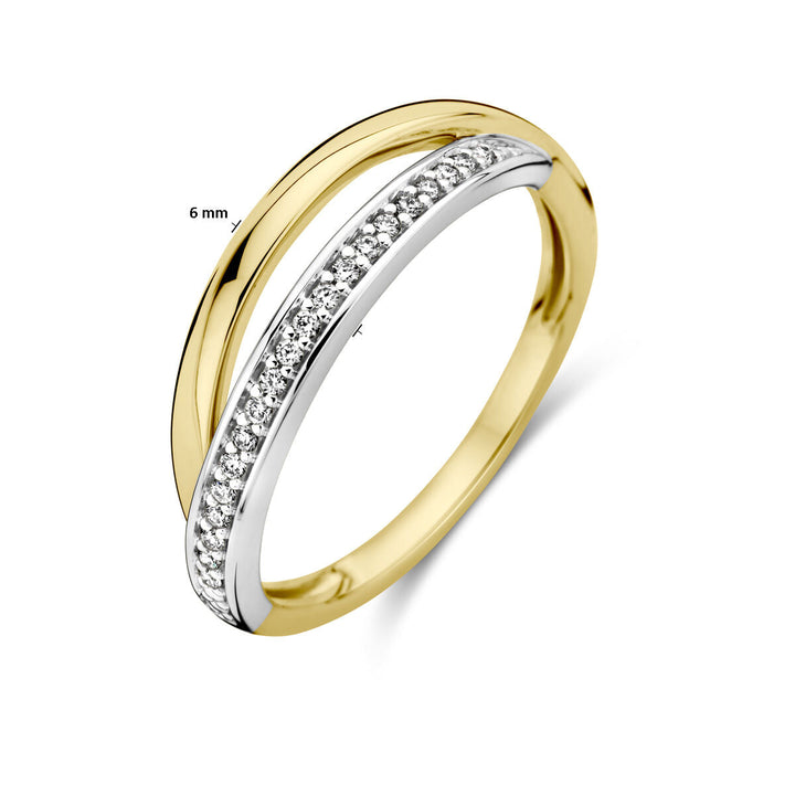 De Van der Kooij Collectie ring diamant 0.08ct H SI is een 14K bicolor goud geel/wit ring met een kriskras ontwerp, voorzien van een gepolijste geelgouden band en een witgouden band bezet met diamanten; breedte: 6 mm.