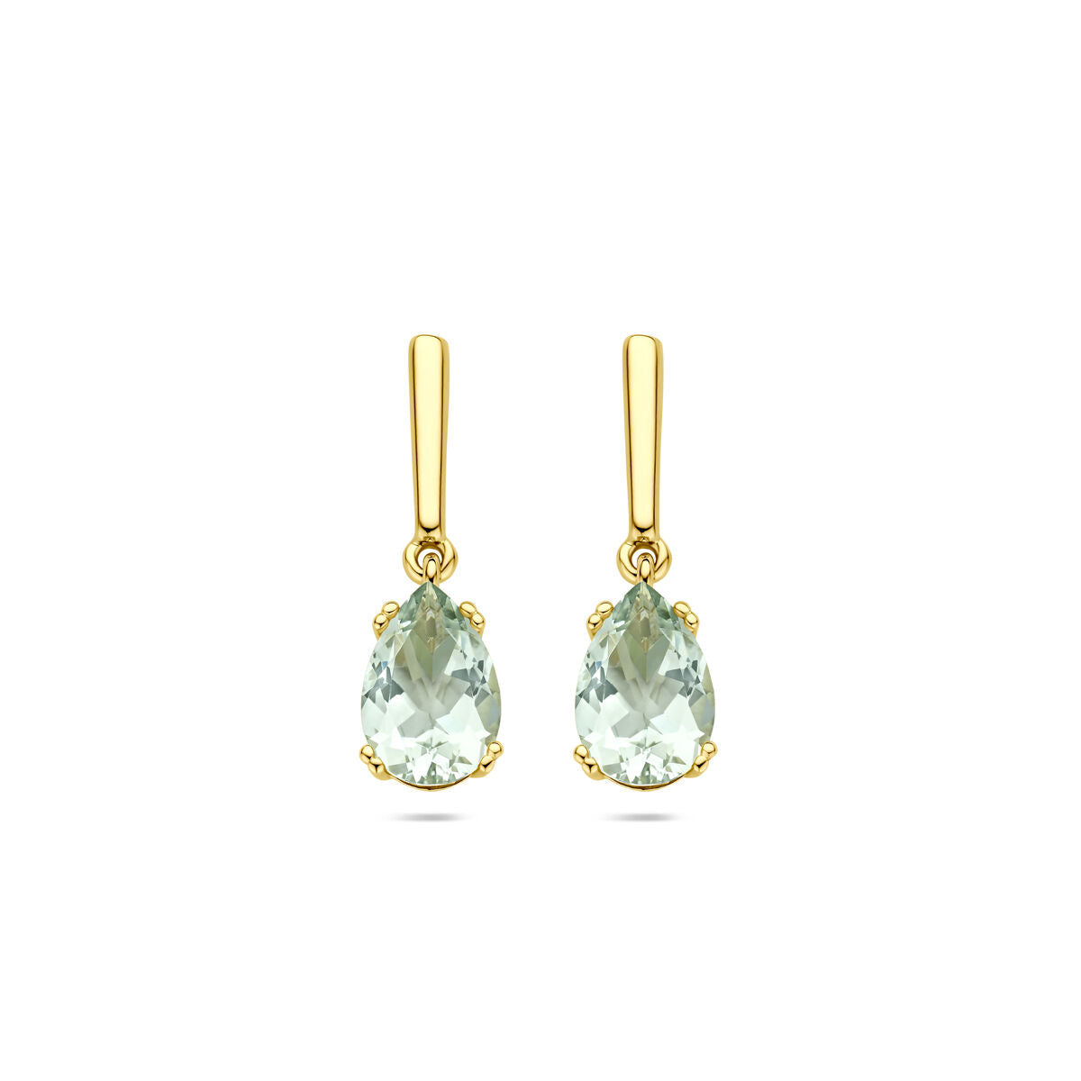 Ohrhänger aus 14K Gelbgold mit grünen Amethysten in Tropfenform, 20 mm lang